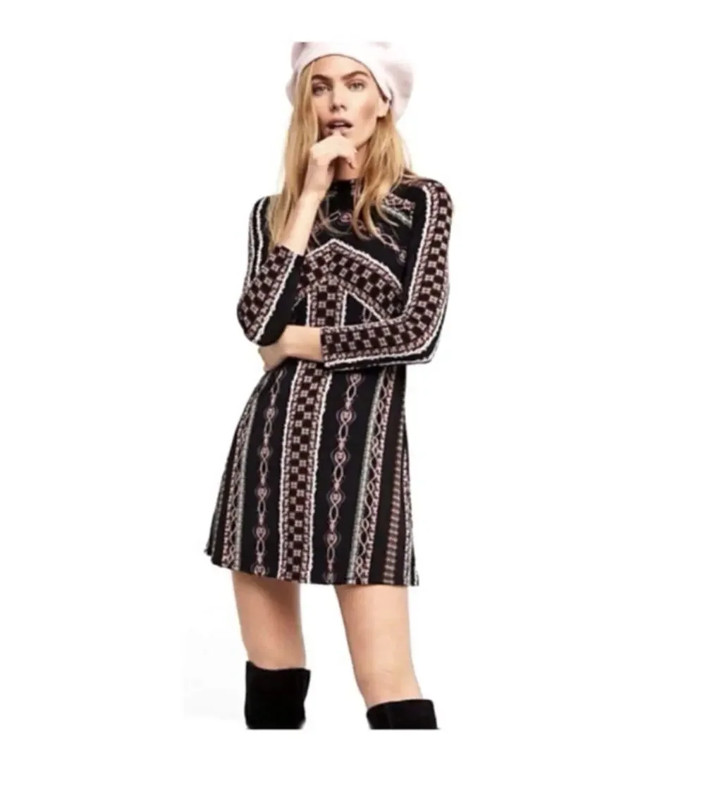 Free People Stella Printed Mini Dress Small Retro 70s Mock Neck Long Sleeve